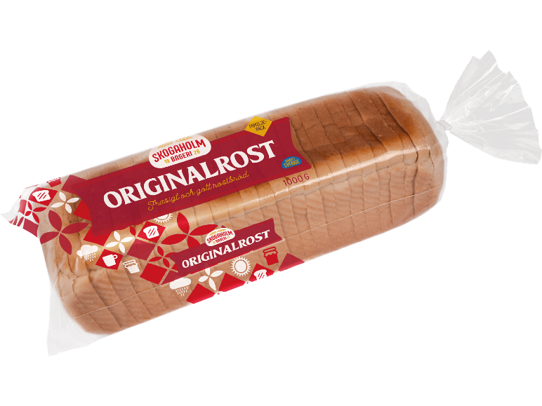 Förpackning skivat rostbröd med röd etikett, vikt 1000g.