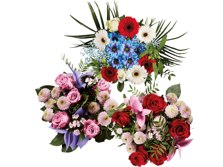 Två livfulla blombuketter med rosor, gerbera och krysantemum.