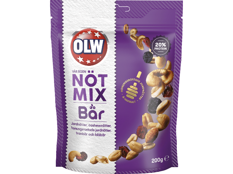 Lila påse nötblandning med jordnötter, cashewnötter, honungsrostade jordnötter, tranbär och blåbär, 20% protein, 200g.