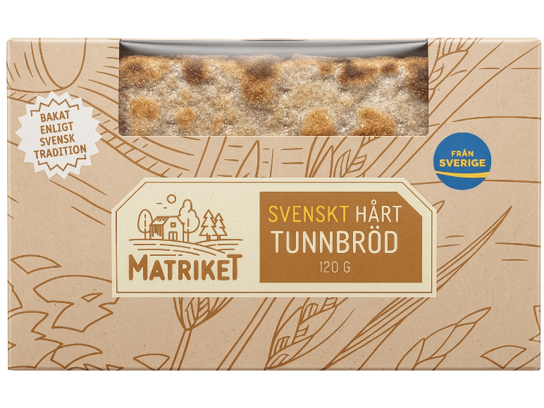 Förpackning svenskt knäckebröd med transparent fönster, dekorerad med vetemotiv.