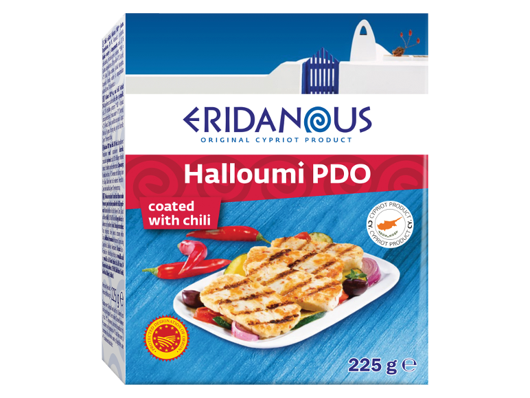 Halloumi SUB täckt med chili, 225g, med en cypriotisk produktetikett.