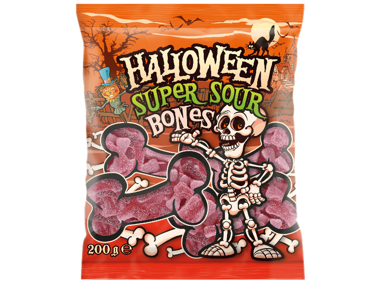 En 200 g påse med Halloween Super Sour Bones sura gelégodisar med en illustration av ett skelett.