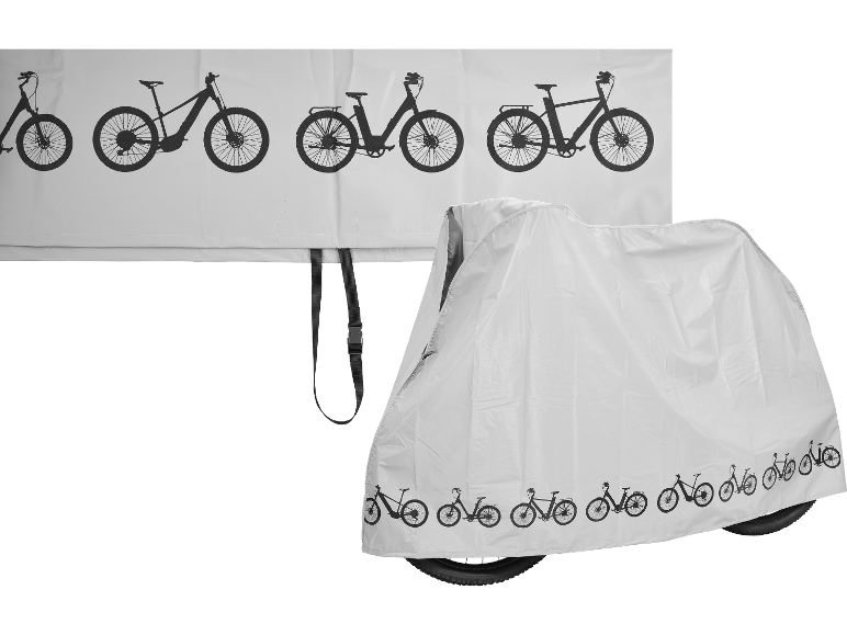 Vitt cykelskydd och tyg med svarta cykelsiluetter.