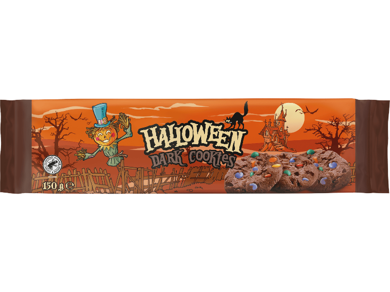 Halloween Dark Cookies-förpackning med ett läskigt landskap, en fågelskrämma och kakor.