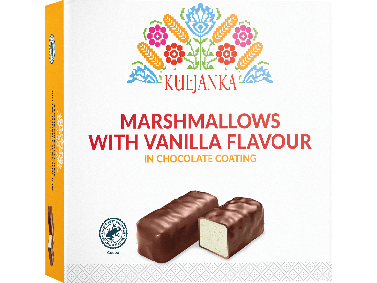 Marshmallows med vaniljsmak i chokladöverdrag
