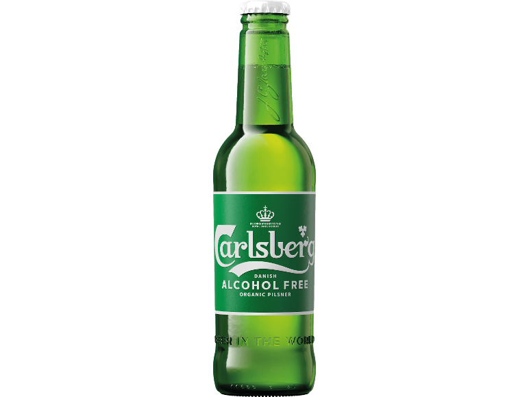 Grön glasflaska med alkoholfri ekologisk pilsner, vit kapsyl och grön etikett.