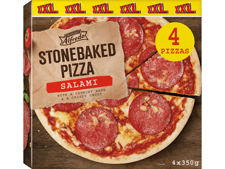 Trattoria Alfredo XXL stenugnsbakad salamipizza, 4x350g.