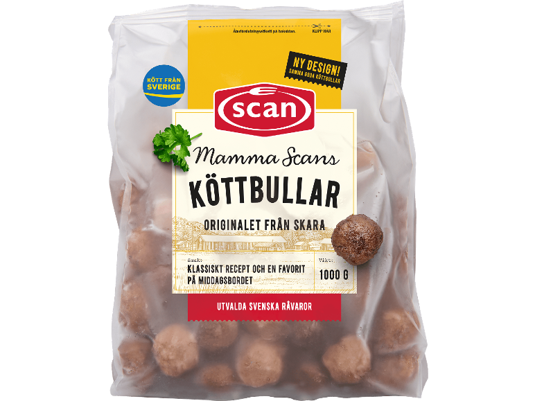 Påse med frysta köttbullar med ny designetikett och 1000g vikt.