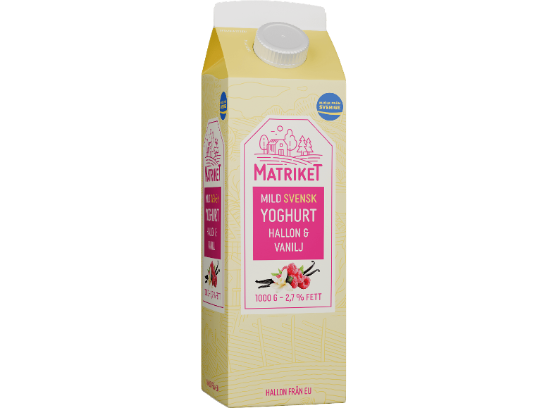 Mild svensk hallon- och vaniljyoghurt i en 1-liters kartong.