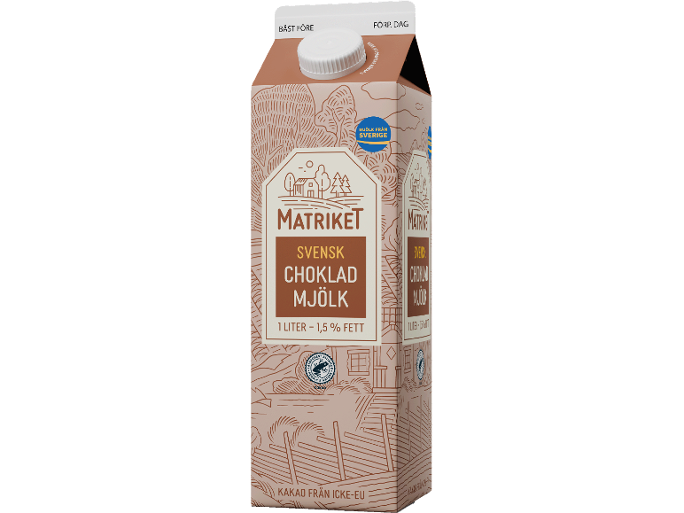 Brun mjölkkartong med texten 'Svensk Choklad Mjölk, 1 liter - 1,5 % fett'.