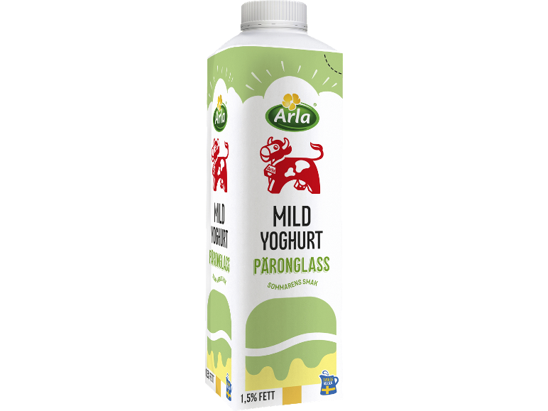 Yoghurtpaket med päronglassmak, med texten 'MILD YOGHURT PÄRONGLASS'.