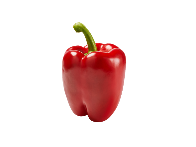 Levande röd paprika med grön stjälk mot svart bakgrund.