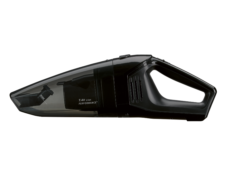 Svart handdammsugare med texten '7.4V Li-ion PERFORMANCE+' och 'max' markering.
