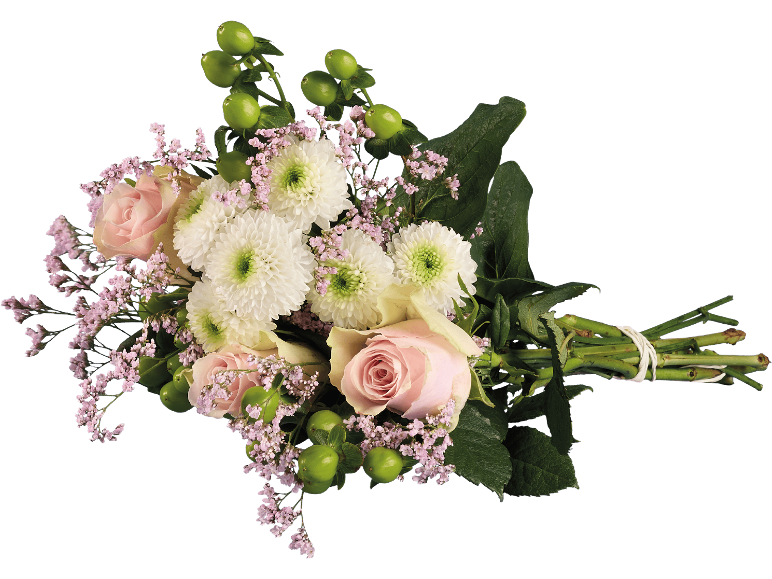 Bukett med rosa rosor, vita krysantemum och gröna bär