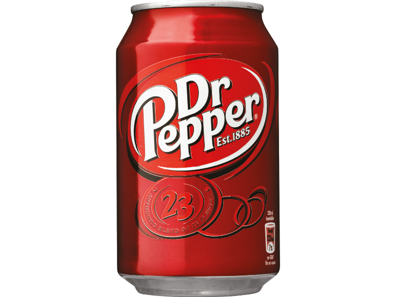 Röd läskburk med texten 'Dr Pepper Est. 1885' och '23 smaker'.
