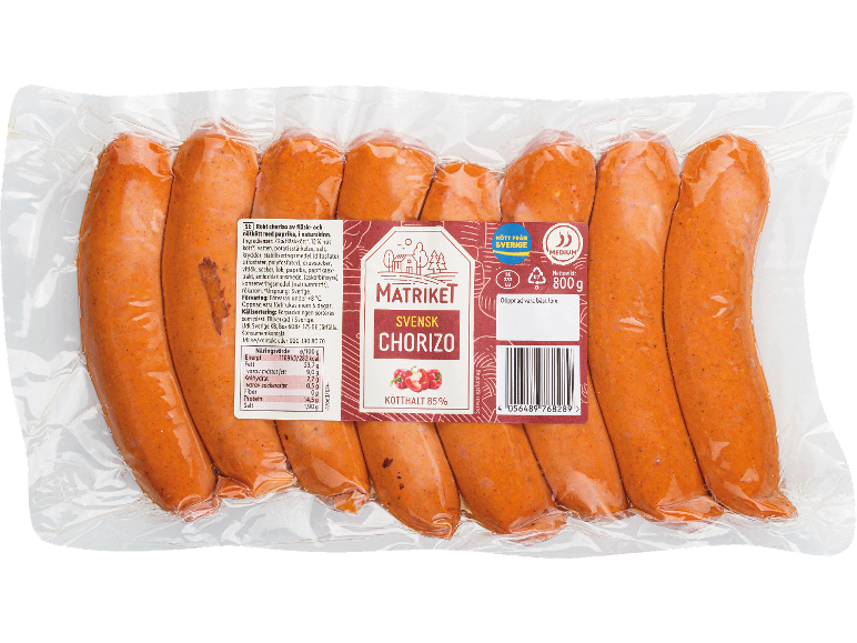 Förpackning svenska chorizokorvar med paprika, 800g, 85% kötthalt.