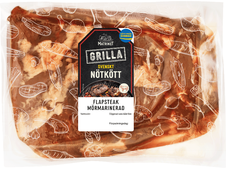 Förpackning med marinerad flankstek för grillning med matillustrationer.
