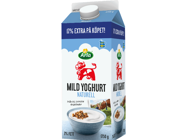 Kartong med mild naturell yoghurt med en skål yoghurt och granola, 1750g.