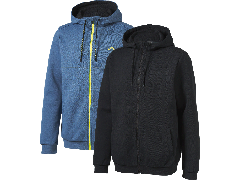 Herrhoodies med dragkedja, en blå och en svart.