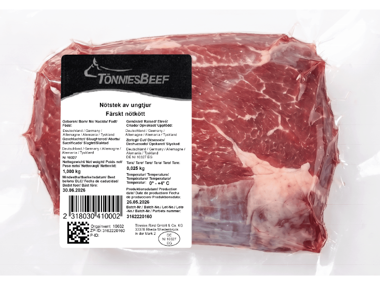 Metzgerfrisch färsk nötstek av fransyska, vakuumförpackad.