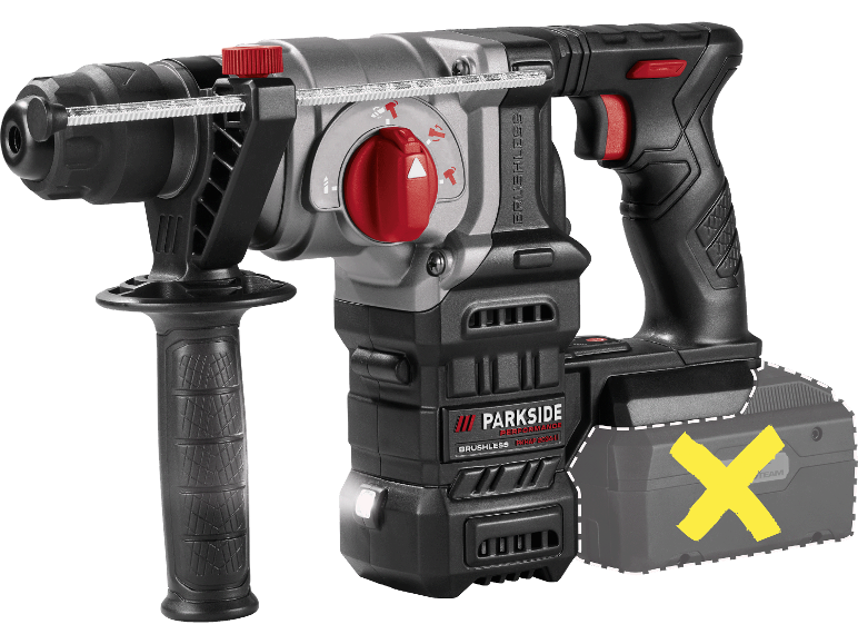 Sladdlös borrhammare med extra handtag och djupmätare.