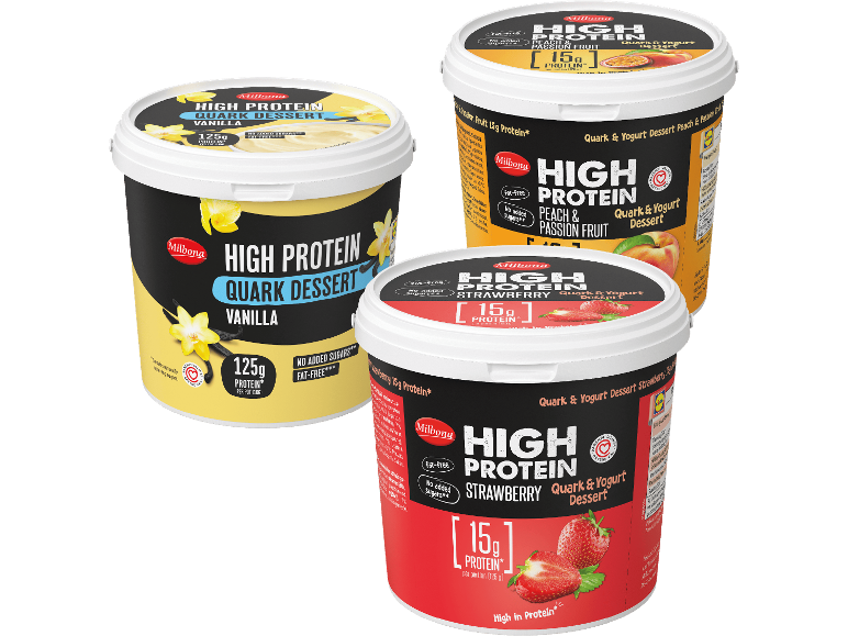 Högprotein kvarg- och yoghurtdesserter: vanilj, persika-passionsfrukt, jordgubb.