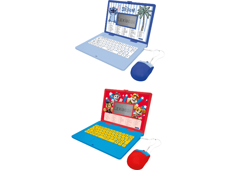 Två barnlaptops med mus, en med blå utomjordingstema, en med valptema.