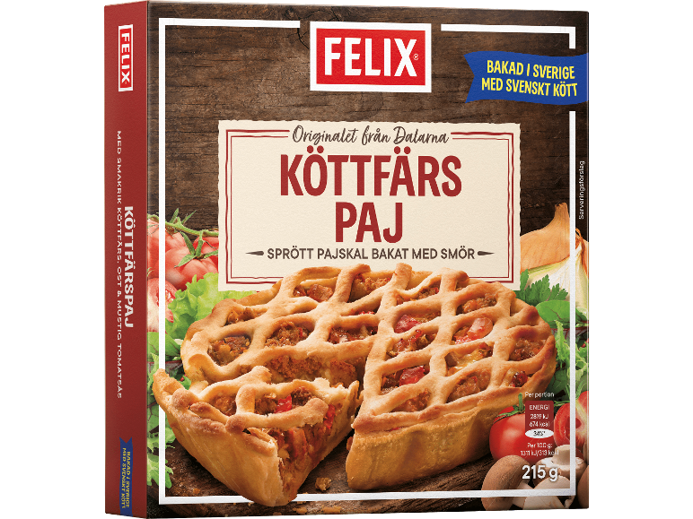 Låda med köttfärspaj från Dalarna, med spröd deg och svenskt kött.