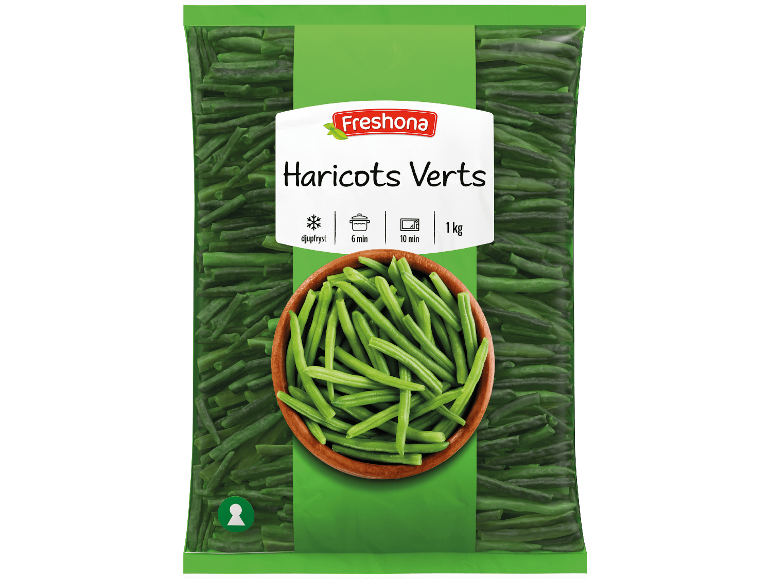 Förpackning med frysta gröna bönor med en skål gröna bönor avbildad.