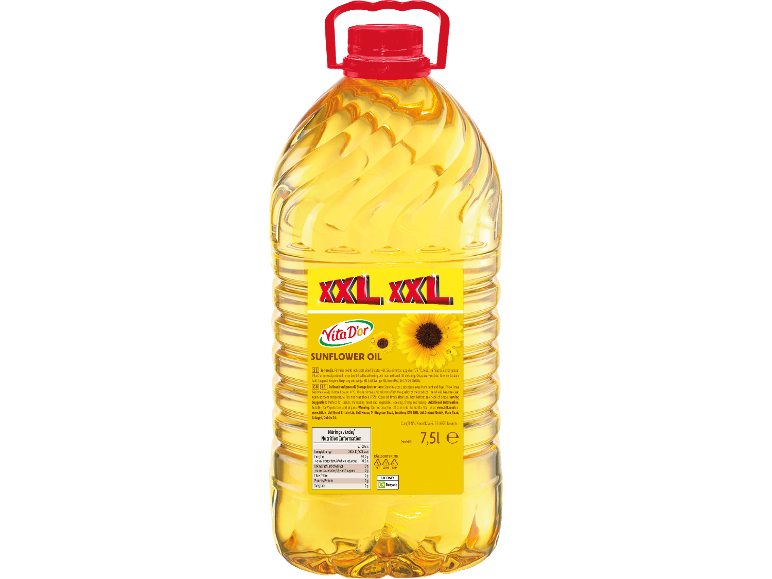 7,5-liters solrosoljaflaska med gul etikett och solrosor.