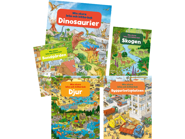 Fem barnböcker med leta-och-hitta-tema: dinosaurier, bondgård, skog, djur och byggarbetsplats.