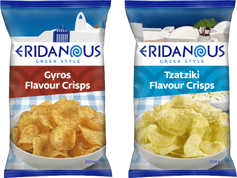 Två påsar grekiska chips: Gyros och Tzatziki smaker.