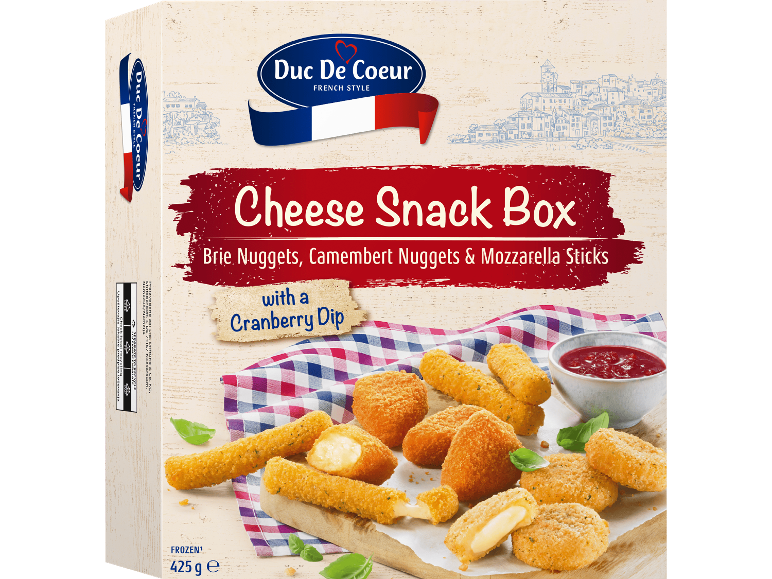 Duc de Coeur snacklåda med brie-, camembert- och mozzarellasticks med tranbärsdip.