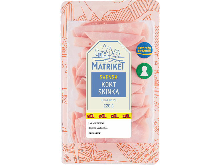 Förpackning tunnskivad kokt skinka, 220g, med märkning för svenskt kött.
