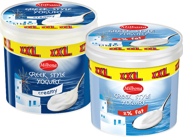 Två stora burkar grekisk yoghurt, en krämig och en med 2% fett, båda 1,1 kg.