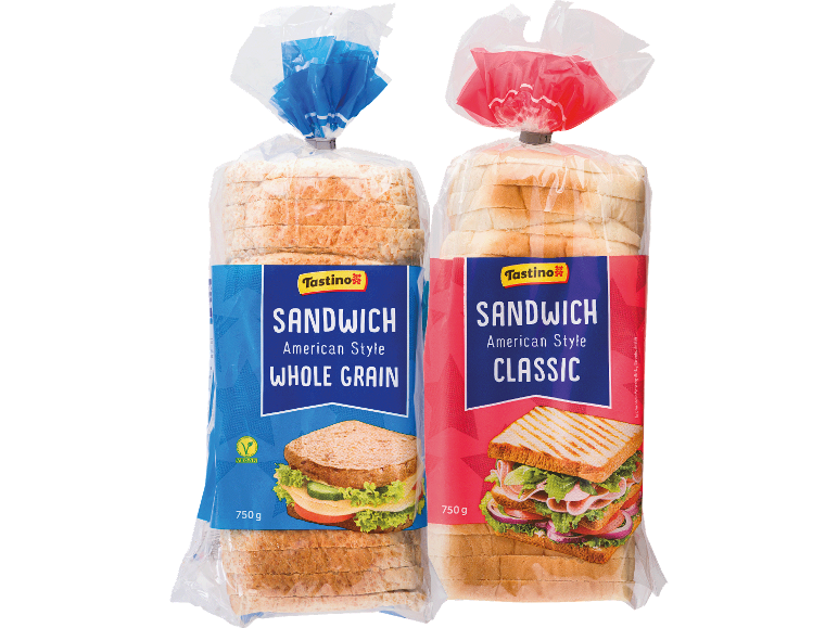 Två paket sandwichbröd: ett fullkorn och ett klassiskt, med bilder på smörgåsar.