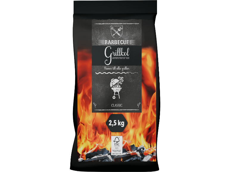 Grillkol 2,5 kg kol med FSC-certifiering, passar alla grillar, i en flammande förpackning.