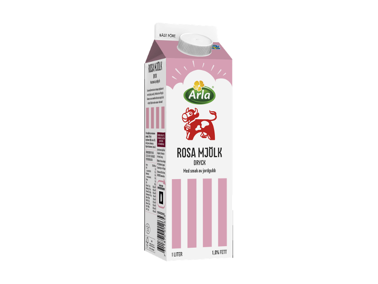 Rosa mjölkdryck med jordgubbssmak i en 1-liters förpackning med 1,0% fett.