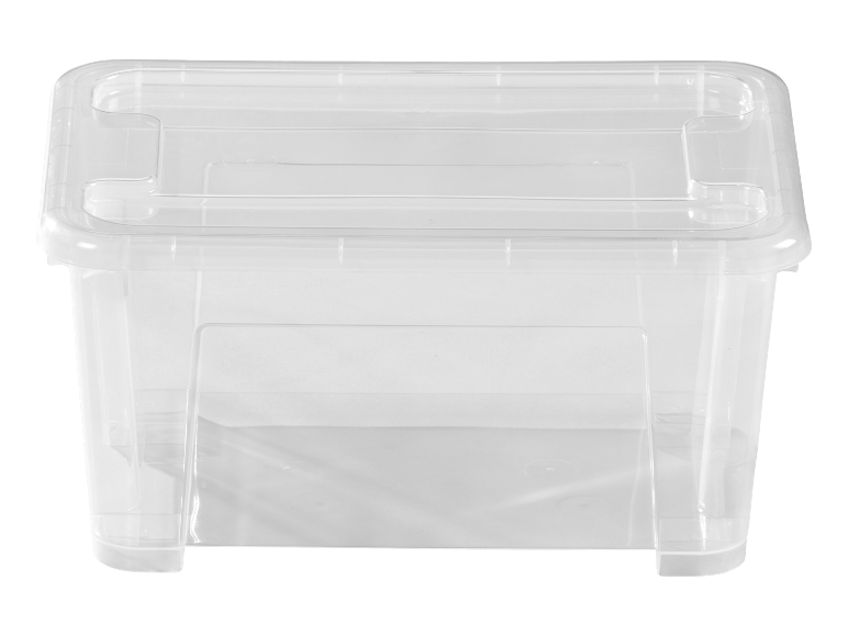 Genomskinlig förvaringslåda i plast med lock.