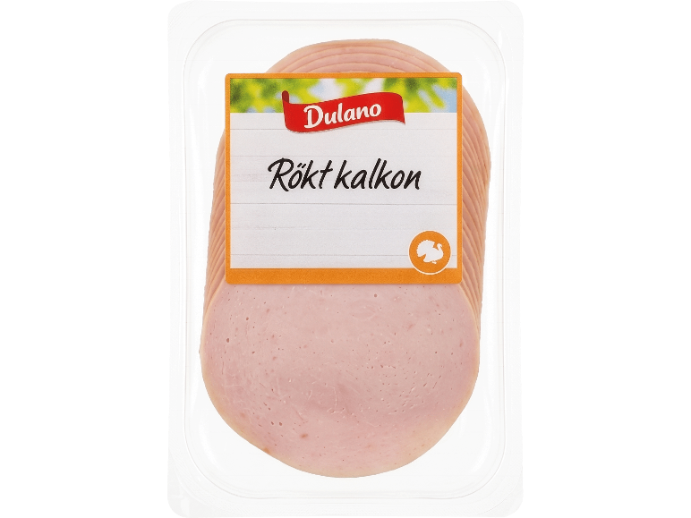 Vakuumförpackade skivor av rökt kalkon med etiketten 'Rökt kalkon'
