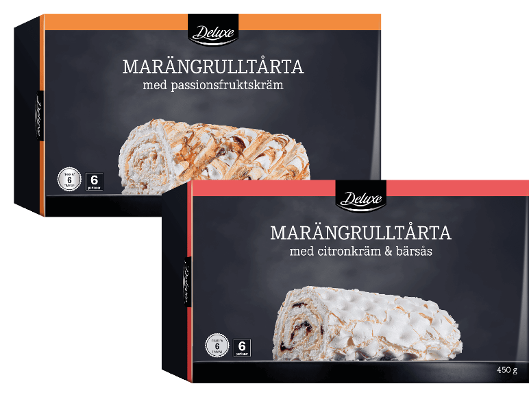 Två förpackningar med marängrulltårta med passionsfruktskräm samt citronkräm och bärsås.
