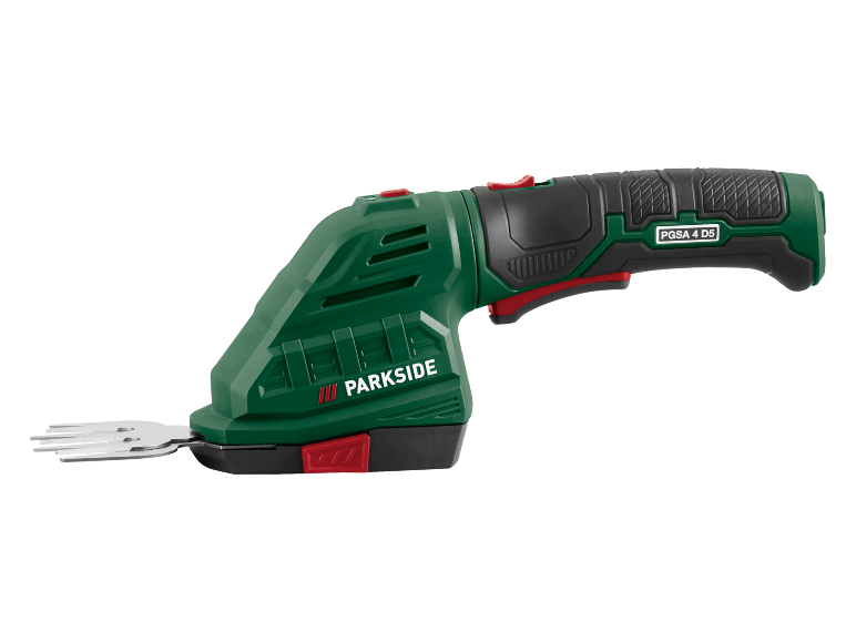 Grön och svart sladdlös gräs- och busksax, modell PGSA 4 D5.