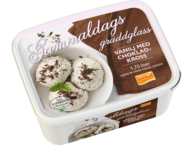 Vaniljgräddglass med chokladkross, 1,75 liter, gjord på färsk svensk grädde.