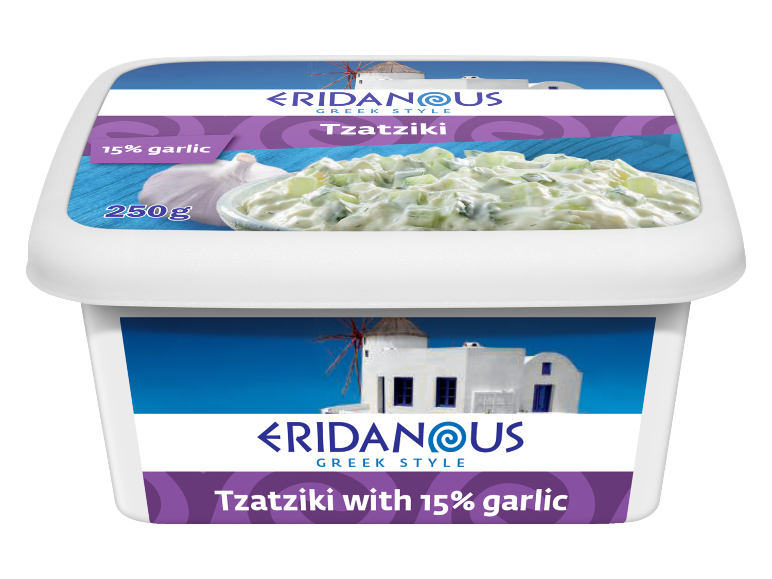 Förpackning grekisk tzatziki med 15% vitlök, 250g.