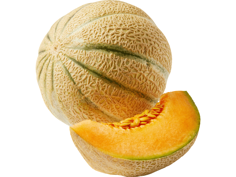 En hel melon och en melonskiva med frön, på svart bakgrund.