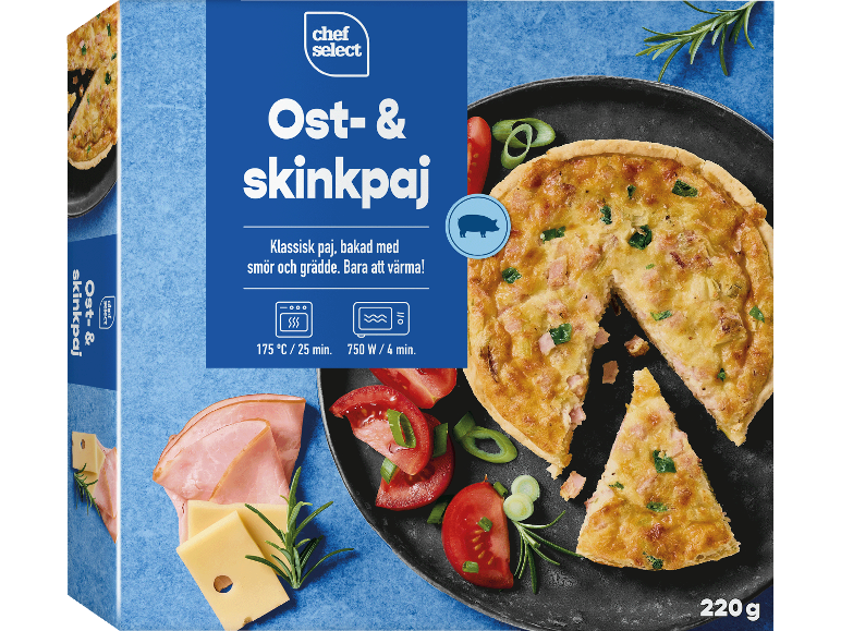 Ost- och skinkpaj med tomater, salladslök och rosmarin, 220 g.