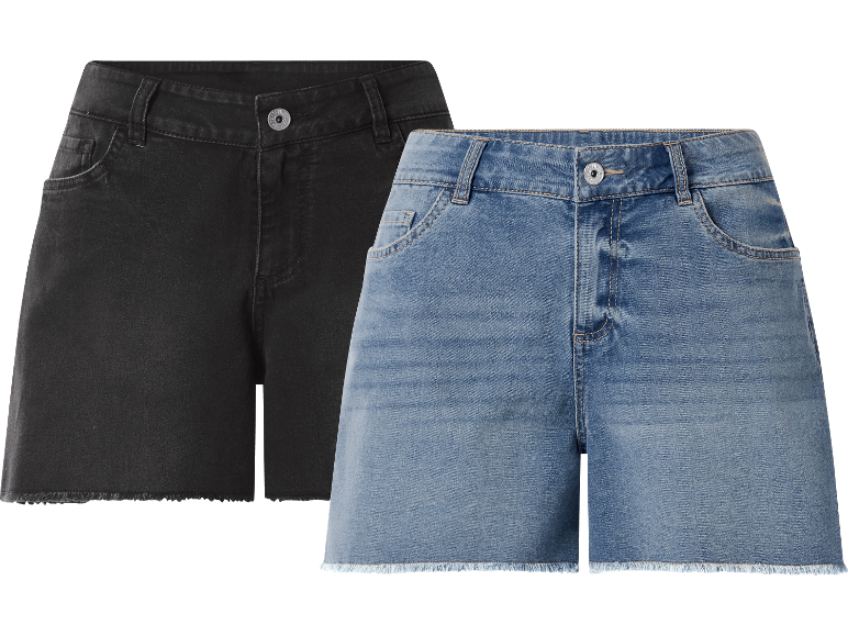Två par damjeansshorts: ett par svarta och ett par blå.