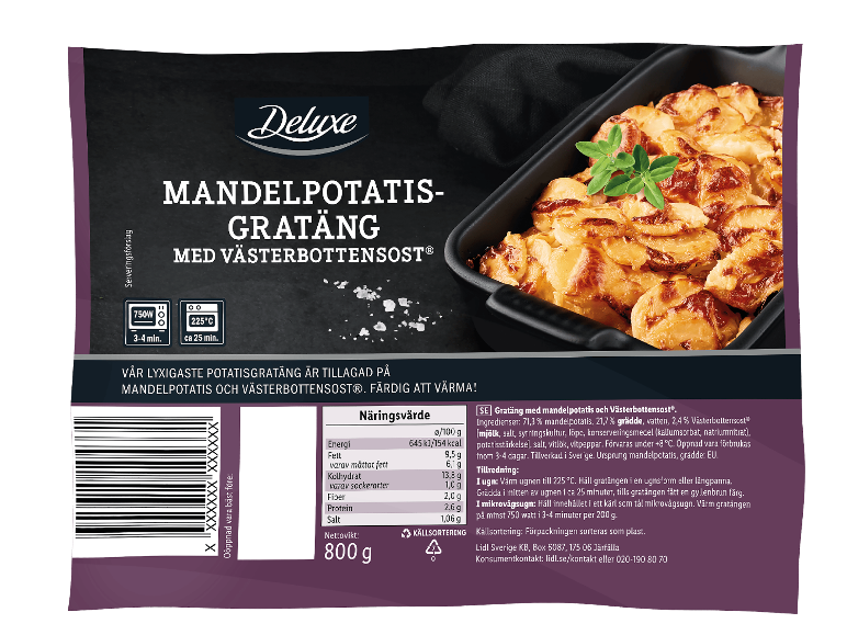 Mandelpotatisgratäng med Västerbottensost, färdig att värma, 800g.