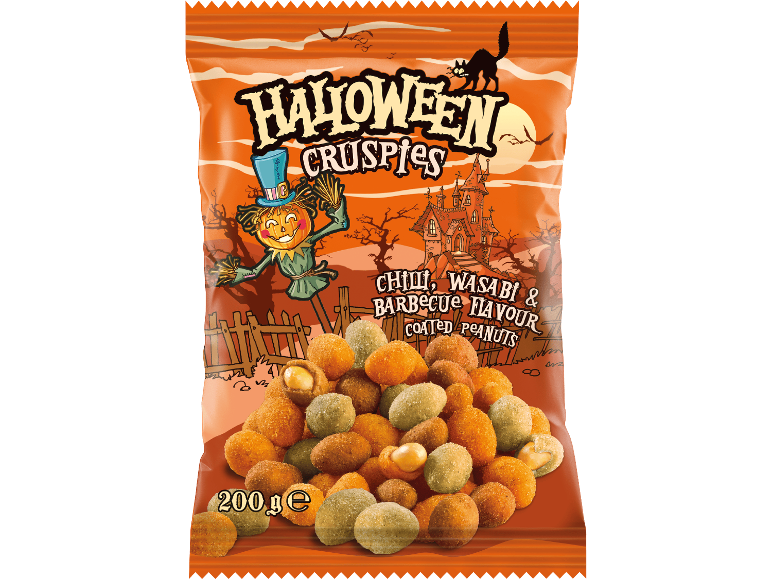 Halloween Cruspies krispiga jordnötter med smak av chili, wasabi och barbecue, 200g