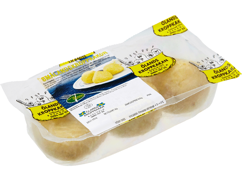 Förpackning med svenska kroppkakor, med tillagningsinstruktioner och näringsinformation.
